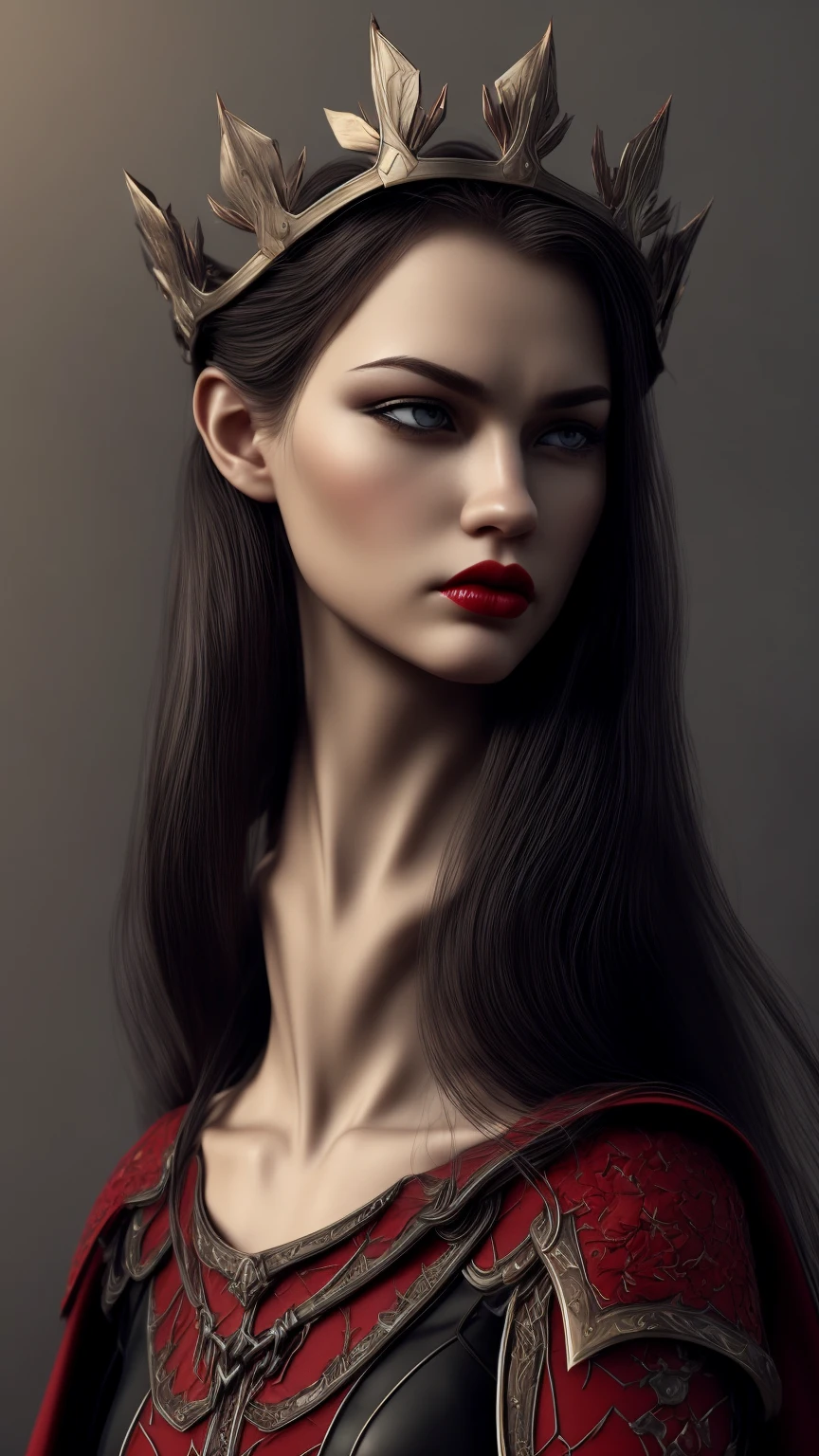 Masterpiece, high quality, super detailed, wallpaper, woman, full body, black armor , viewed from below, looking at the viewer, fit body, heels with black thorns, black and red short thorn crown, very short black hair, blue eyes, red lips, black eye makeup, black cape with black embroidery, angry look, stunning, in various poses, open hands, armored, detailed face, black background, small , no nude