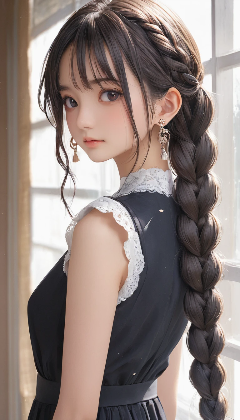 (masterpiece, Highest quality:1.2), One girl, alone,bony body、15 years old、fish-bone braid hair、Earrings