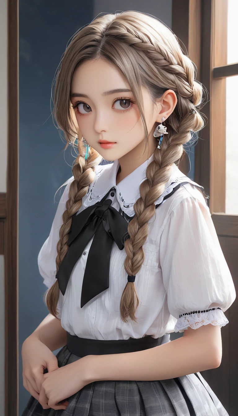(masterpiece, Highest quality:1.2), One girl, alone,bony body、15 years old、fish-bone braid hair、Earrings