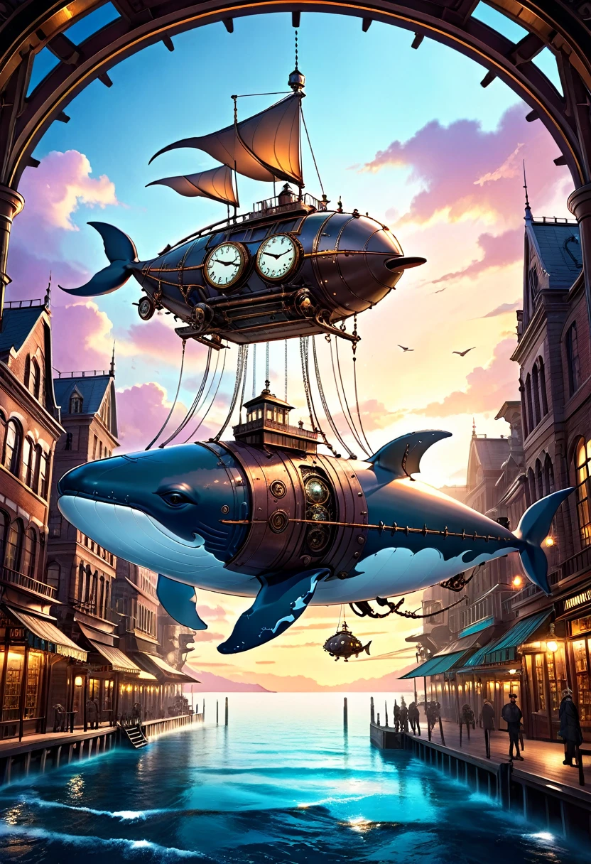 Mechanical Flying Whale, steampunk, Dieselpunk, Clockpunk, Mysterious color scheme, Twilight light effect, Conceptual installation fantasy art, 2.5D, delicate and dynamic