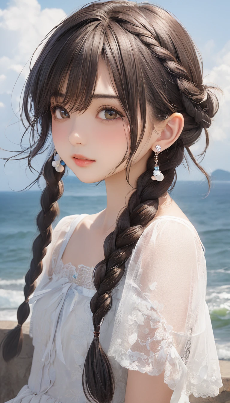 (masterpiece, Highest quality:1.2), One girl, alone,bony body、、fish-bone braid hair、Earrings