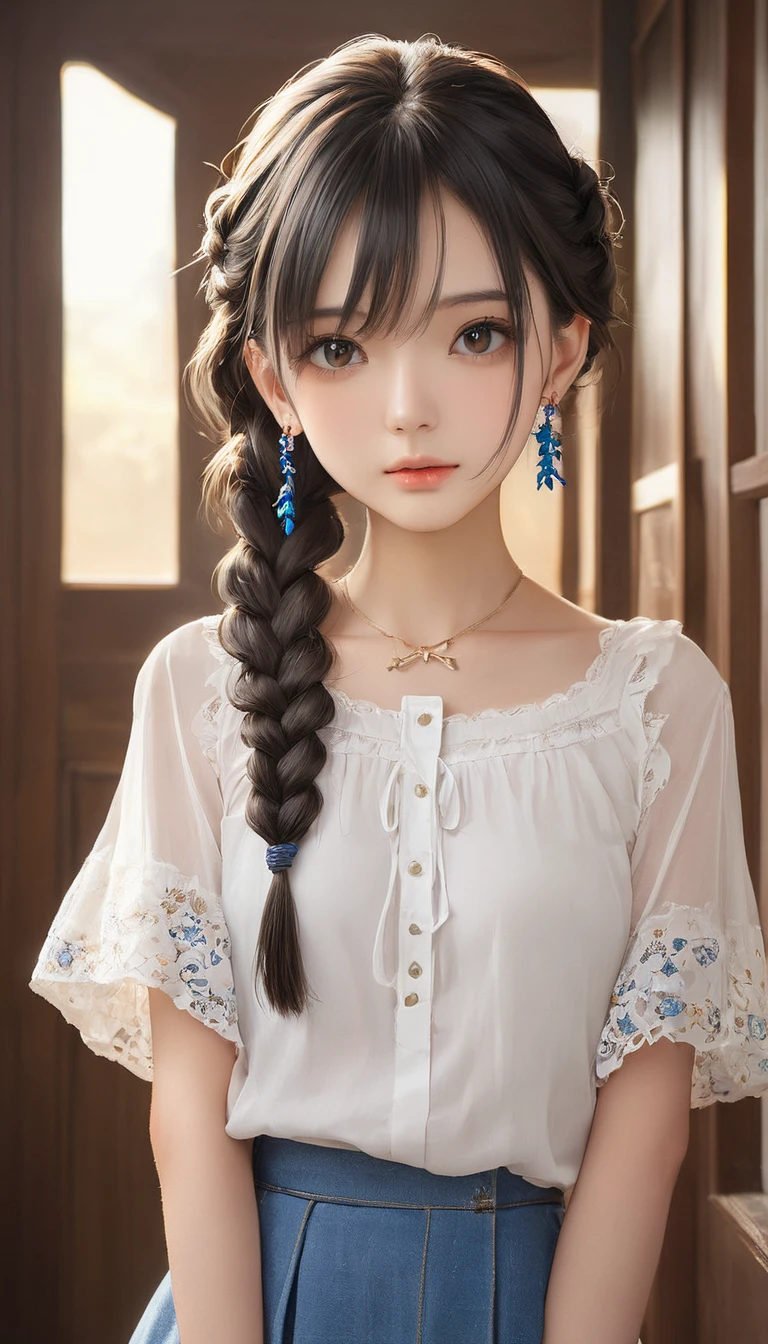 (masterpiece, Highest quality:1.2), One girl, alone,bony body、15 years old、fish-bone braid hair、Earrings