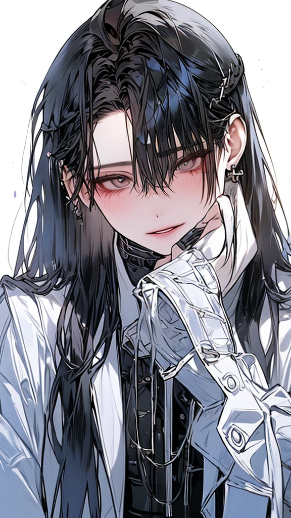 (Top resolution、Distinct_image)top-quality、A girl、masterpiece、highly detailed, half body, Semi-realistic、grey eyes 、18year old, black hairs ,young 、Exquisite facial features、Facial features ,variation potrait, long hairstyles, , teenage, cool , cold sharp eyes, An expression of despair., Torn clothes, destroyed clothes, damaged clothing, all dirty, dirty, dirt, lifeless eyes, blood on face, , {Very detailed 8k CG unit wallpaper}, Handsome, solo, female, mafia, black shirt, white pant, white coat,