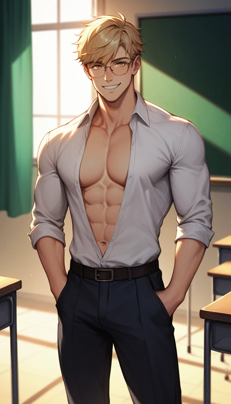 best quality, masterpiece, extremely detailed, handsome muscular young man, skinny build, messy curtain bangs, thick-rimmed glasses, fitted college uniform, bulging, standing in front of classroom, empty blackboard in the background, tilts head adorably, very innocent smile, gay, homoerotic, romantic atmosphere, ambient lighting, extremely dramatic shadows, perfection, no watermark, no logo, no signature