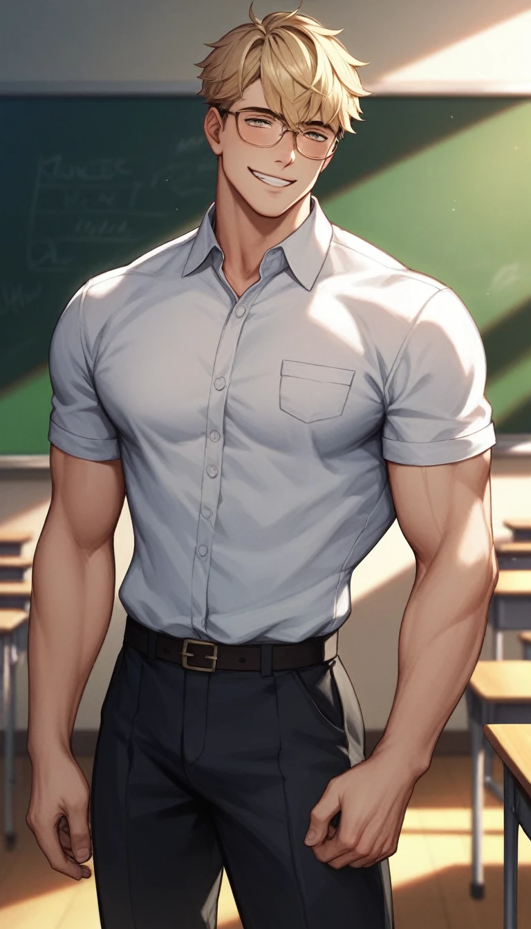 best quality, masterpiece, extremely detailed, handsome muscular young man, skinny build, messy curtain bangs, thick-rimmed glasses, fitted college uniform, bulging, standing in front of classroom, empty blackboard in the background, tilts head adorably, very innocent smile, gay, homoerotic, romantic atmosphere, ambient lighting, extremely dramatic shadows, perfection, no watermark, no logo, no signature