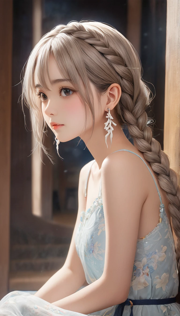 (masterpiece, Highest quality:1.2), One girl, alone,bony body、15 years old、fish-bone braid hair、Earrings