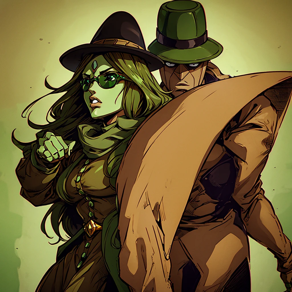 Green skin woman. Brown Hat. Brown Overcoat. Sunglasses. Dark green long hair. Jojo female stand. Green suit under overcoat