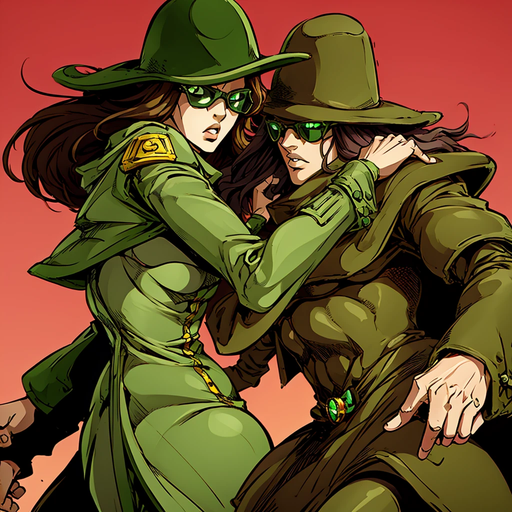 Green skin woman. Brown Hat. Brown Overcoat. Sunglasses. Dark green long hair. Jojo female stand. Green suit under overcoat