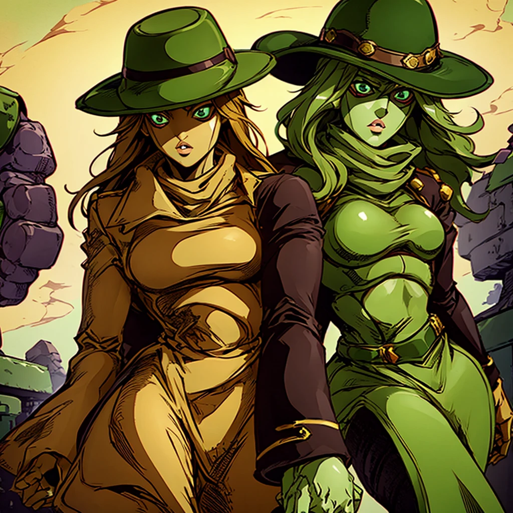 Green skin woman. Brown Hat. Brown Overcoat. Sunglasses. Dark green long hair. Jojo female stand. Green suit under overcoat