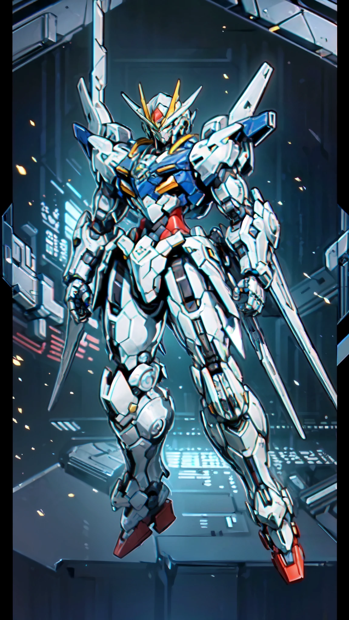 (masterpiece:1.5, best quality:1.5, extremely delicate:1.5), humanoid Mecha, fully enclosed shoulder guards, matching arm and leg guards, full body, full armor, the design balances heavy with agility, (the color scheme is primarily white with red and blue accents, the concept Inspired by Super robot, organic biotech armor, standing, floating high above the futuristic sci-fi city), exquisite and mature art style, (aura effect, energy, glowing eyes, the armor glows), metallic, dramatic, high definition, highres, ultra-detailed, ultra-fine painting, professional, perfect body proportions, anatomically correct, symmetrical face, extremely detailed eyes and face, high quality eyes, creativity, RAW photo, UHD, 32k, Natural light, cinematic lighting, masterpiece-anatomy-perfect