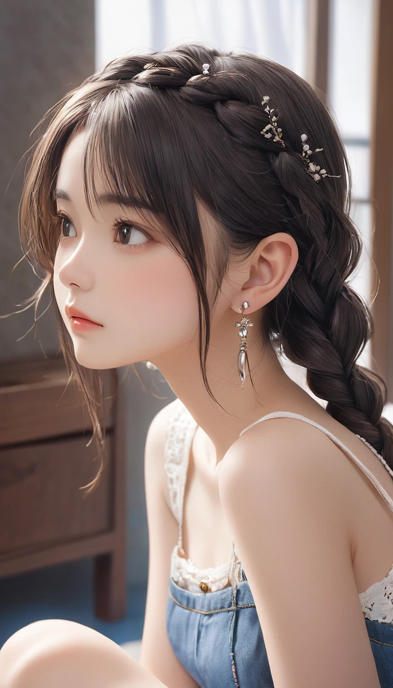(masterpiece, Highest quality:1.2), One girl, alone,bony body、15 years old、fish-bone braid hair、Earrings