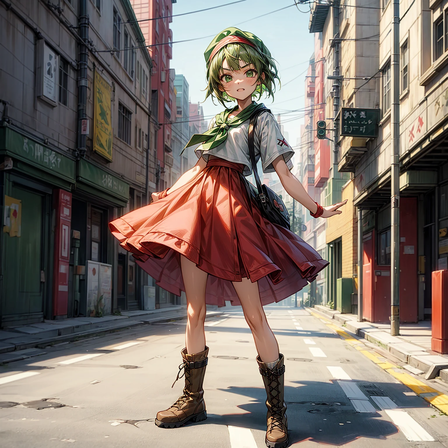 1children girl, Full body version, 1character, green eyes, short haircut, green color hair, casual style clothing, red colour clothing, headband bandana, boots, Grassroots, background in city street, motion blur, (Hunter x Hunter style art), standing gesture, cute face