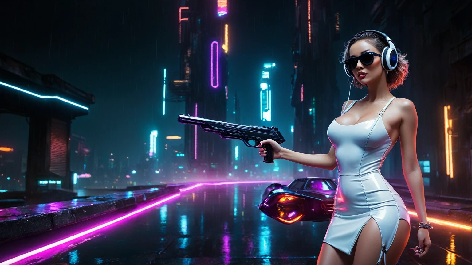 (aerial view, a flying cars docking platform, a very dark abandoned futuristic city, neon lights), rainy night. (((1girl, solo, alone))), large-breast:1.2 slim body, cleavage:1.1, sexy wind blowing wet dress:1.4, (((headphone, black sunglasses, standing and holding pistol:1.8, dynamic rushing pose))), (((((half-body thigh level medium shot))))), cinematic lighting, lens flare, ray tracing.