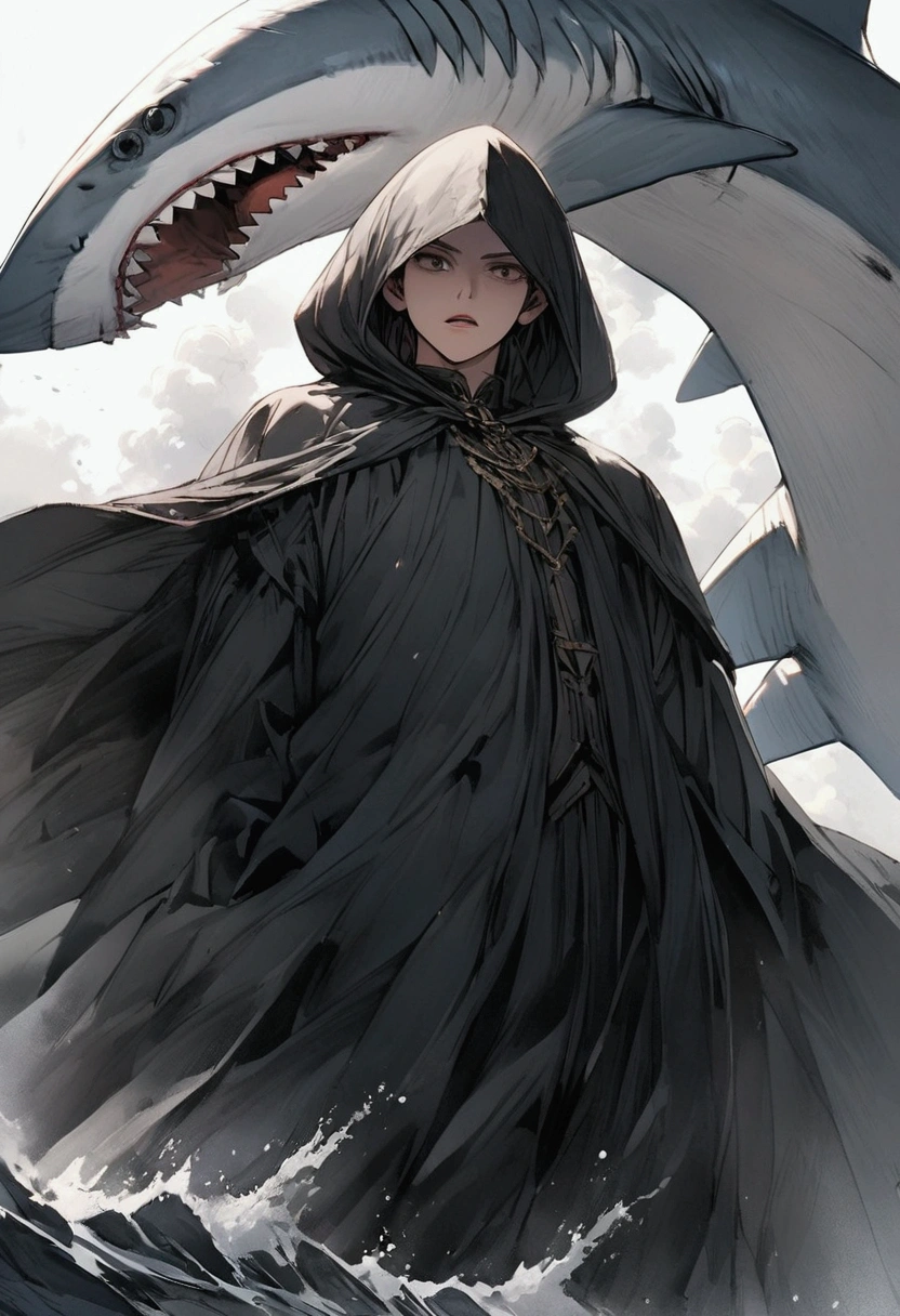 a black cape with a hood from which shark teeth protrude from the edge and does not reveal what is under it