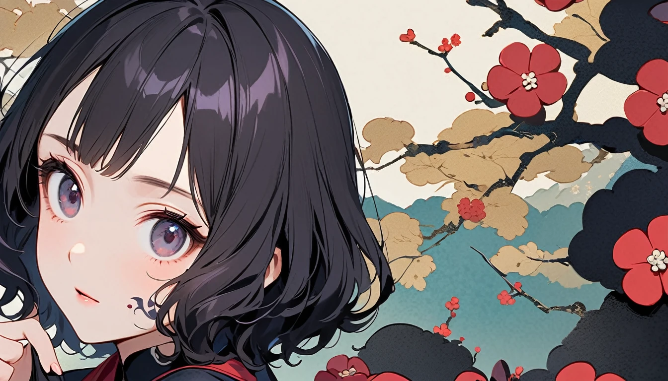 Katsushika Hokusai, Ink Painting, (((1 girl))), (((Tattoo on face))), (((Luxurious and gorgeous))), Japanese style headphones, face close-up, Japanese beautiful girl, Black Hair, Delicate and precise, Modern ukiyo-e style