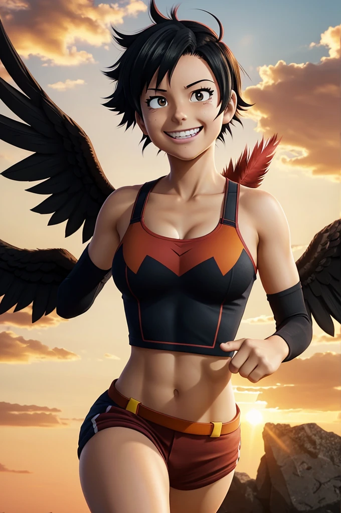 Screenshot of my hero academia.
Girl with semi-short black hair with some red stripes.
light brown eyes.
It has black wings with some red feathers., Orange and yellow.
The background is a somewhat cloudy sunset, The girl is flying with a happy expression.