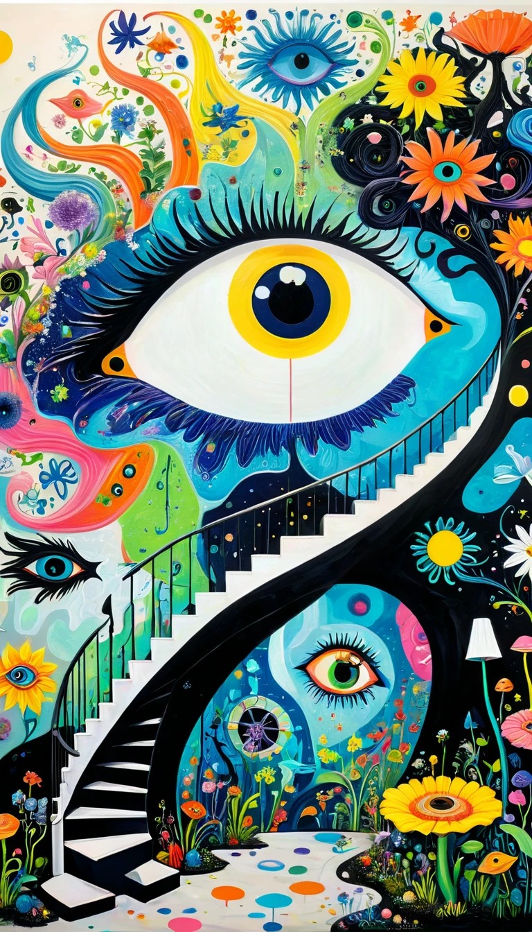 Children's graffiti,Thick coating,Concave and convex texture,Oil pastel strokes:Colorful black,Dopamine color matching,爱吃fish的猫、flowesh、spiral staircase、Tentacles、bird、(((Eye)))、diatom,Abstract mosaic painting,Describing the inner world of autistic people,Sense of space,White Space,interesting,Innocence,Psychedelic Art,Incorporating Picasso's artistic style