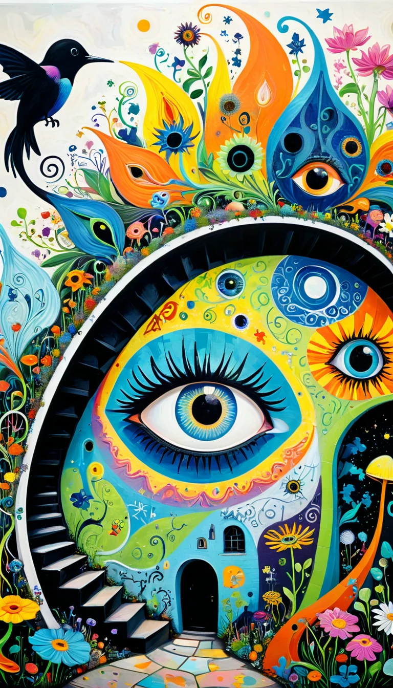Children's graffiti,Thick coating，Concave and convex texture，Oil pastel strokes：Colorful black，Dopamine color matching，爱吃fish的猫、flowesh、spiral staircase、Tentacles、bird、(((Eye)))、diatom，Abstract mosaic painting，Describing the inner world of autistic people，Sense of space，White Space，interesting，Innocence，Psychedelic Art，
