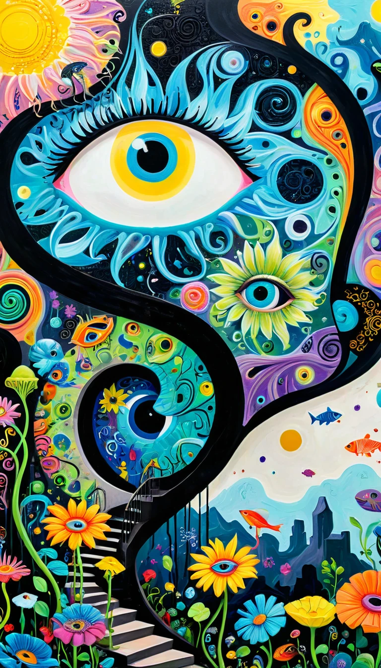 Children's graffiti,Thick coating，Concave and convex texture，Oil pastel strokes：Colorful black，Dopamine color matching，爱吃fish的猫、flowesh、spiral staircase、Tentacles、bird、(((Eye)))、diatom，Abstract mosaic painting，Describing the inner world of autistic people，Sense of space，White Space，interesting，Innocence，Psychedelic Art，

