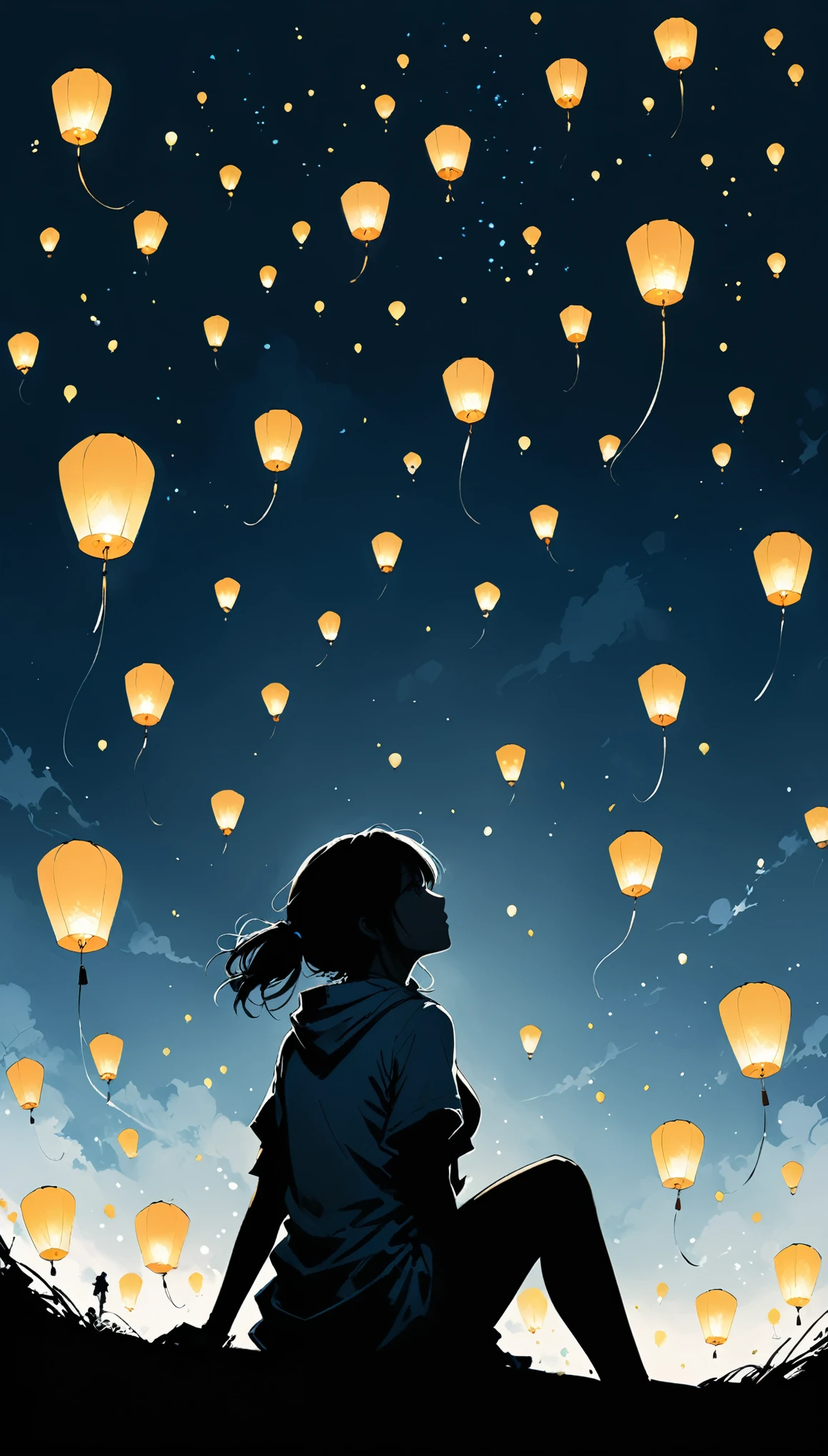 (in style of Ashley Wood:1.1),
1girl,knees apart feet together,?,large areas of white space,black_background,minimalist background,sitting,at the bottom of the screen,(looking up side:1.5),from the side,comic,The sky is full of Dodge blue sky lanterns