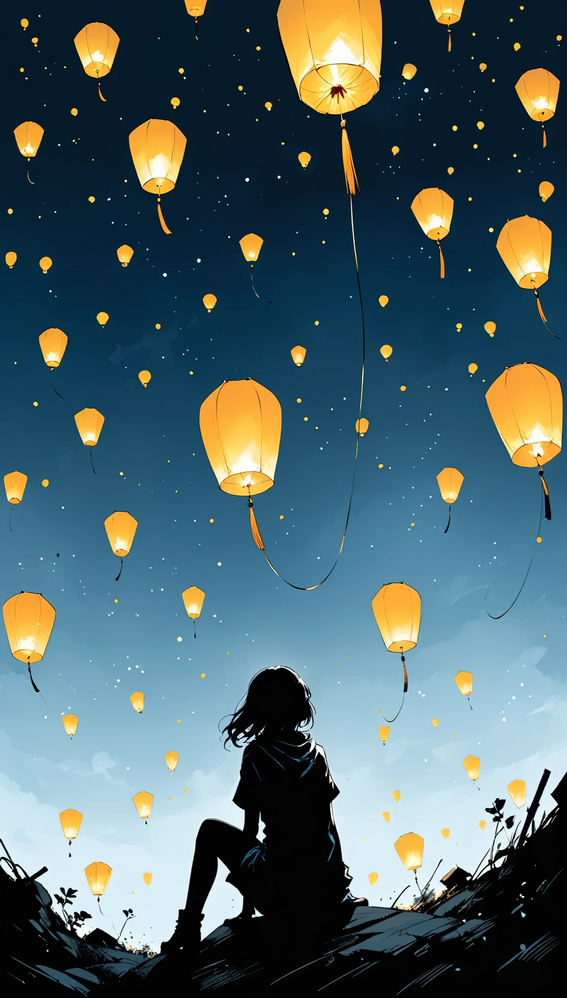 (in style of Ashley Wood:1.1),
1girl,knees apart feet together,?,large areas of white space,black_background,minimalist background,sitting,at the bottom of the screen,(looking up side:1.5),from the side,comic,The sky is full of Dodge blue sky lanterns