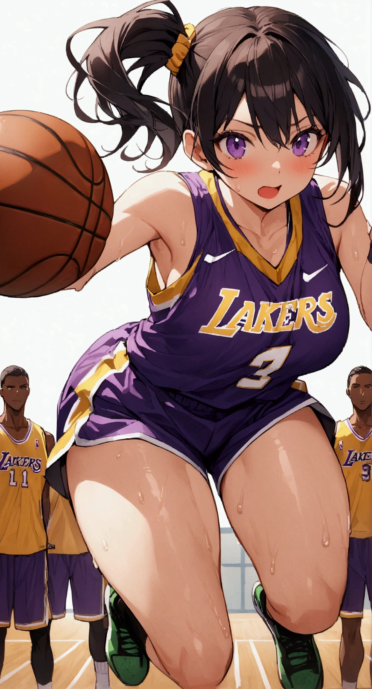 One woman、beautiful girl、high school girl、basketball、Basketball uniform、Lakers uniform、Wristband、Side Ponytail、Long Hair、Basketball Stadium、Take a jump shot、The stands are packed、Highest quality, Thick thighs、Big Ass、Black Hair、Sweaty body、Number 14、Take the shot、Her uniform flips up and her bra is visible、Black bra、The opposing team is on defense、Leaning forward、dribble、Blocked、Surrounded by black players