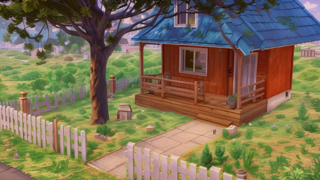 há umthe little house vermelha com telhado azul e uma cerca, 3D stylized scene, Game Graphics, the little house, citys, renderizado em unidade 3 d, animation still, animation style rendering, casa citys moderna, neighborhood, cartoon rendering, video game still, realistic establishing shot, hyper detailed scene, casa de neighborhood, citys, Rendering.