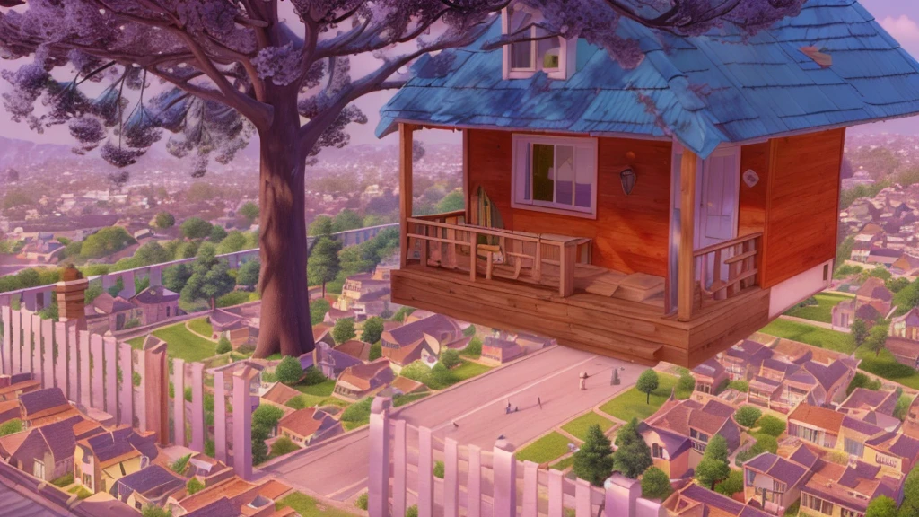 há umthe little house vermelha com telhado azul e uma cerca, 3D stylized scene, Game Graphics, the little house, citys, renderizado em unidade 3 d, animation still, animation style rendering, casa citys moderna, neighborhood, cartoon rendering, video game still, realistic establishing shot, hyper detailed scene, casa de neighborhood, citys, Rendering.