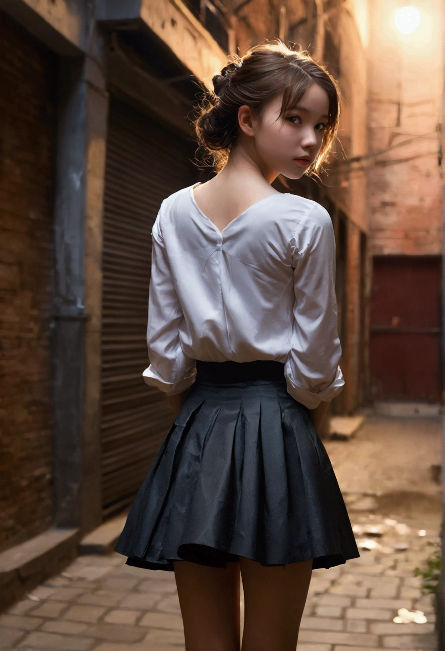 1 girl, Detailed skin, Detailed Hair, Detailed clothing, (masterpiece), portfolio, In the back alley, (Put your arms behind your back:1.3),,Cinema Lighting,, Shining Eyes, beautiful, Are standing, Hold the skirt from flipping up, ,(cute)
