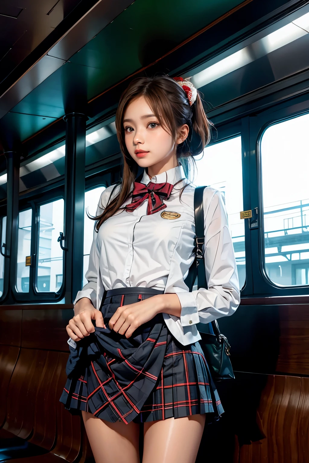 Practical, high resolution, Soft Light,1 female, Solitary, Waist high rise, (Delicate face),(schoolgirl)（(girl standing in front of train seats))，Colorful hair、shortcut，wear、(White suit badge on chest)、(Translucent white top),(Red bow tie)(Plaid skirt),Long hair、(Ponytail)、((Scenery under the skirt)）、