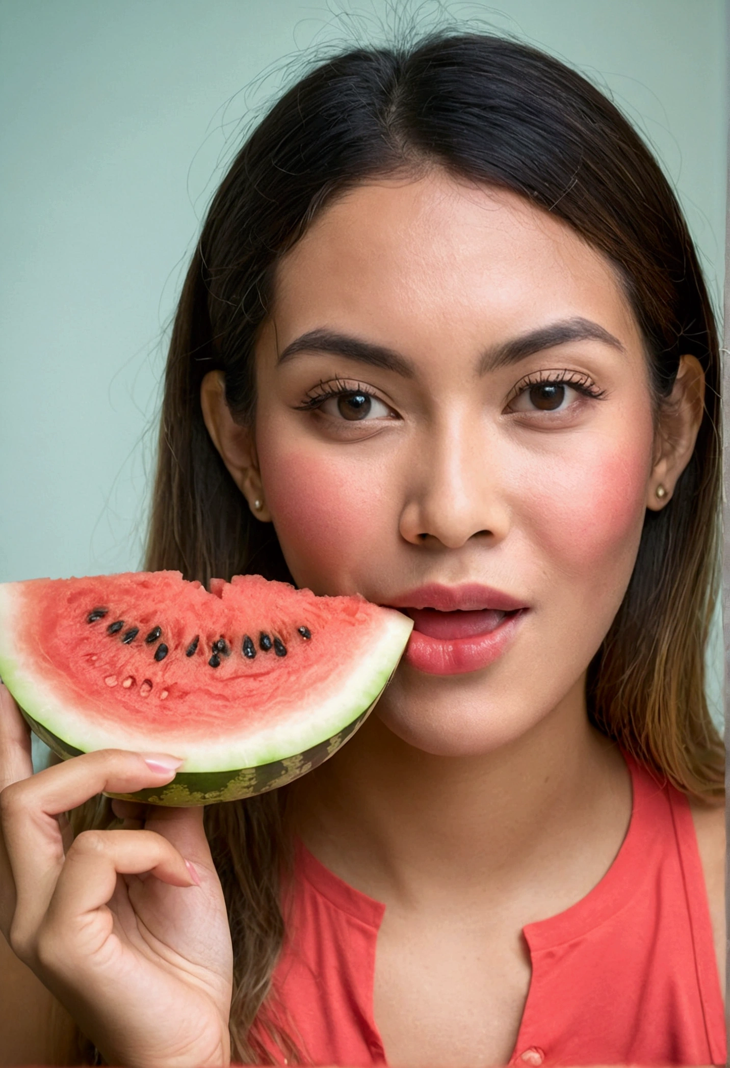 woman who is eating a watermelon and looking at the camera