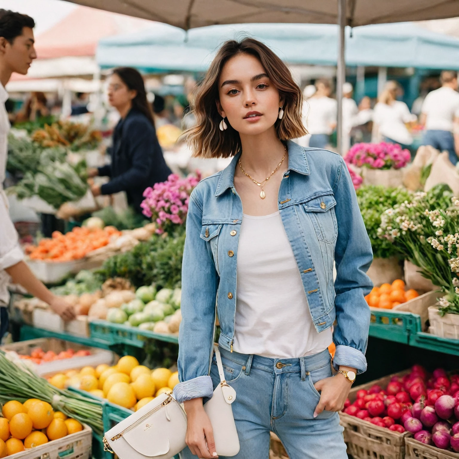 A high-resolution, cinematic photo of a woman wearing a casual chic outfit. She has on a pair of high-waisted skinny jeans in a light wash with a slight amount of stretch. On top, she wears a cropped chambray jacket with a classic collar, button closures, and rolled cuffs revealing a hint of a white tee with navy stripes underneath. Both the jacket and tee cuffs are rolled again, showcasing a contrasting fabric like pale pink peeking out. The woman stands confidently against a backdrop of a vibrant farmers market bustling with colorful flowers and fresh produce. Sunlight filters through the stalls, casting dappled light on her outfit and creating a warm summer atmosphere. A delicate gold necklace with a small seashell pendant adorns her neck, and a white leather crossbody bag hangs casually over her shoulder. White sneakers complete the look, adding a touch of sporty chic.