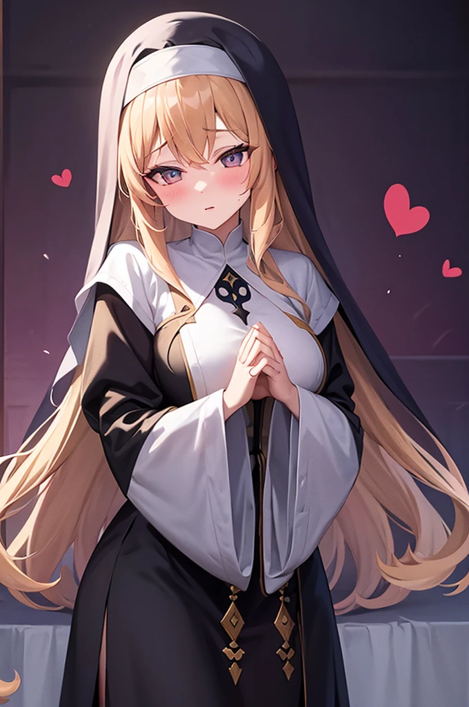 1 tall lovestruck nun. long Blonde hair. busty. praying. hearts. heart eyes.