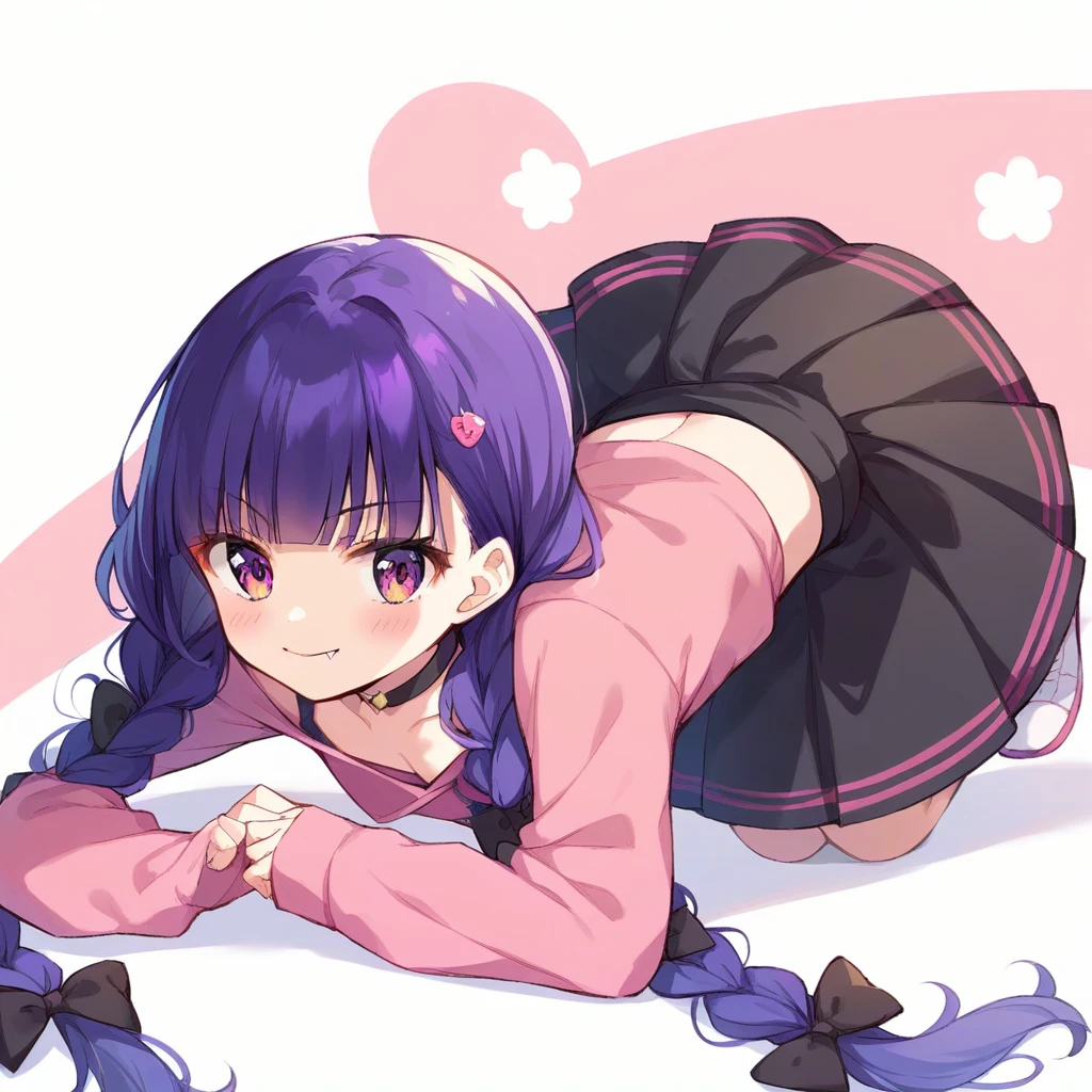 score_9, score_8_up, score_7_up, score_6_up, score_5_up, score_4_up, source_anime, clip skip:2,A girl with her hands on the ground and her head down,
,Top quality, masterpiece, chibi character, peal purple and blunt bangs hair, twin braids, green eyes, blushing,fangs,(a girl with closs hair pin,
pink shirt,cosplay, jirai kei, bangs, black skirt, black bow, looking at viewer, bow, long sleeves, choker, ribbon,fullbody shot :1.4),