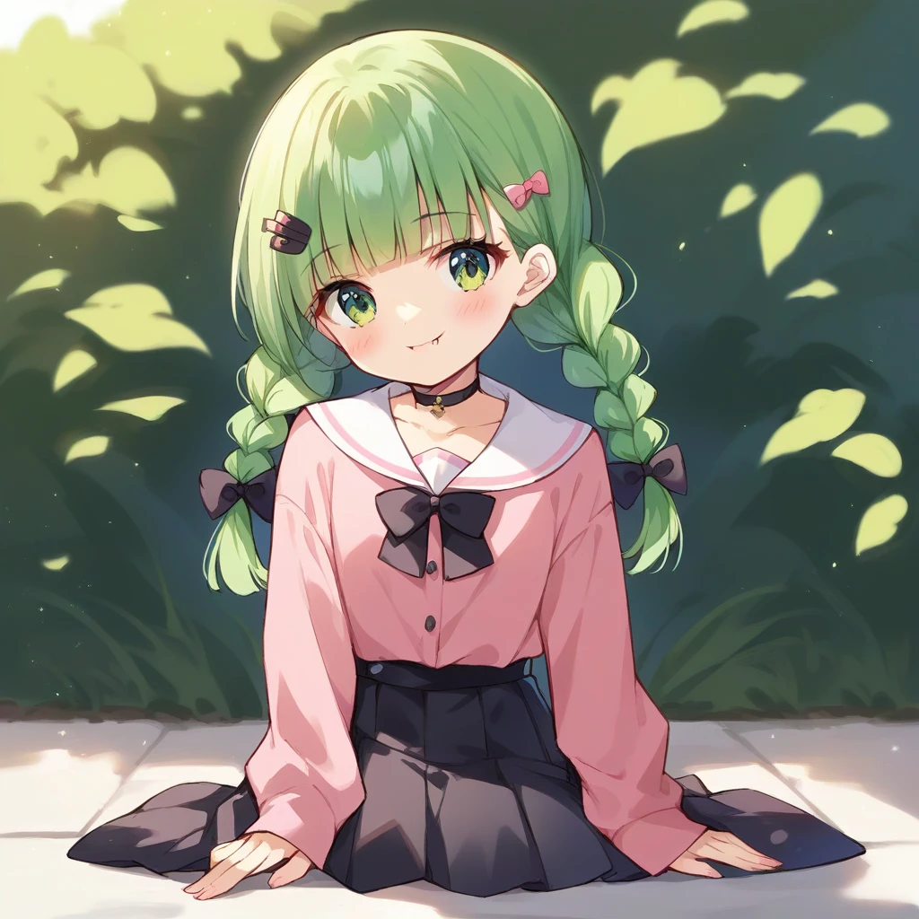 score_9, score_8_up, score_7_up, score_6_up, score_5_up, score_4_up, source_anime, clip skip：2,A girl with her hands on the ground and her head down,
,Top quality, masterpiece, chibi character, peal purple and blunt bangs hair, twin braids, green eyes, blushing,fangs,(a girl with closs hair pin,
pink shirt,cosplay, jirai kei, bangs, black skirt, black bow, looking at viewer, bow, long sleeves, choker, ribbon,fullbody shot :1.4),