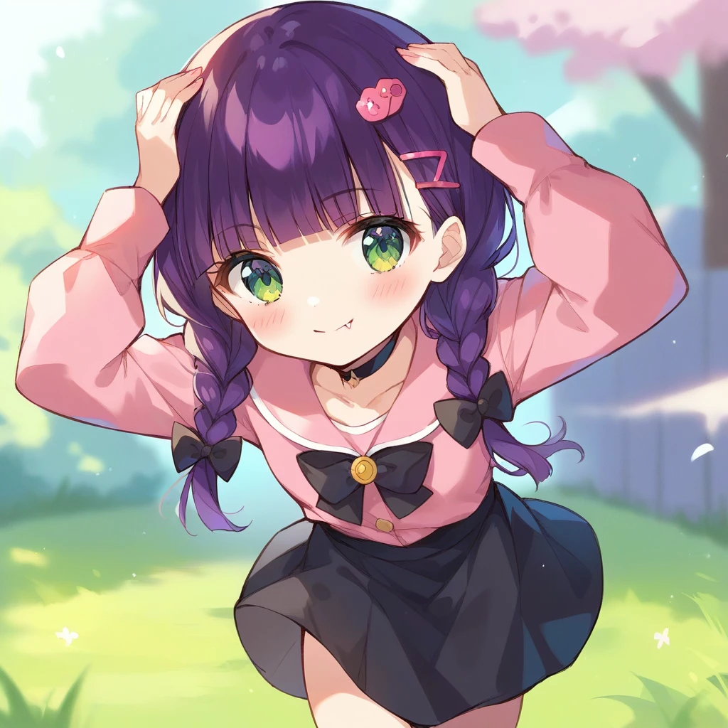 score_9, score_8_up, score_7_up, score_6_up, score_5_up, score_4_up, source_anime, clip skip：2,A girl with her hands on the ground and her head down,
,Top quality, masterpiece, chibi character, peal purple and blunt bangs hair, twin braids, green eyes, blushing,fangs,(a girl with closs hair pin,
pink shirt,cosplay, jirai kei, bangs, black skirt, black bow, looking at viewer, bow, long sleeves, choker, ribbon,fullbody shot :1.4),