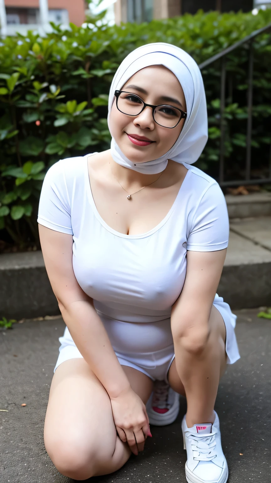 A beauty Malay woman with hijab, short dress, sneakers, glasses, big breast, hot pants, cute girl, mature and plump, plump woman, clean and smooth pics, all star, high quality, best quality, good vibes, nice look, 