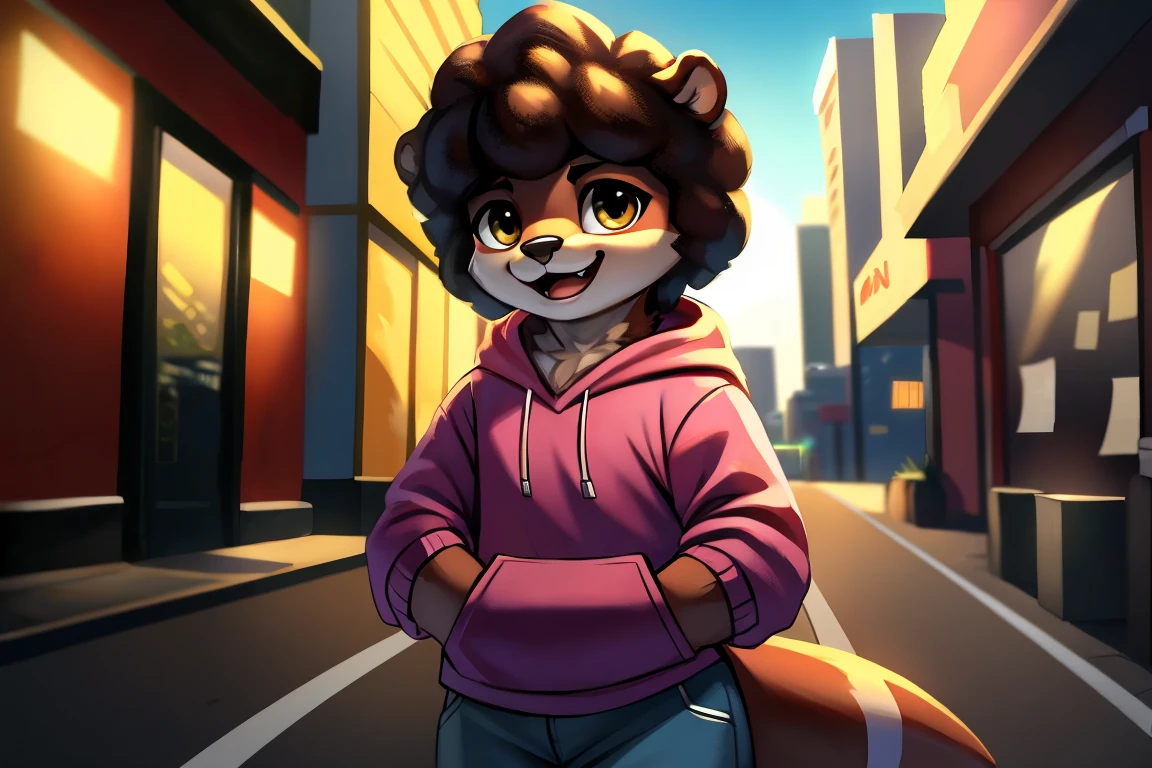 ((otter)), solo, nude, light brown fur, hazel eyes, ((fluffy hair)), short hair, black hair, complex fur patterns, slightly chunky, light pink hoodie, light grey pants, standing, happy, city background, skyscrapers, street, sidewalk, sunny, up close. Very good figure, best quality, highres, 16k, Natural soft light, Tyndall effect, Advanced film lighting, Unreal Engine5, Extremely realistic, A high resolution, perfect masterpiece, high quality, high resolution