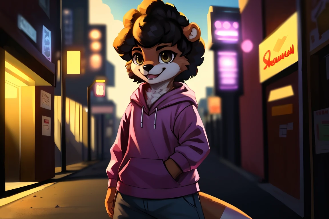 ((otter)), solo, nude, light brown fur, hazel eyes, ((fluffy hair)), short hair, black hair, complex fur patterns, slightly chunky, light pink hoodie, light grey pants, standing, happy, city background, skyscrapers, street, sidewalk, sunny, up close. Very good figure, best quality, highres, 16k, Natural soft light, Tyndall effect, Advanced film lighting, Unreal Engine5, Extremely realistic, A high resolution, perfect masterpiece, high quality, high resolution