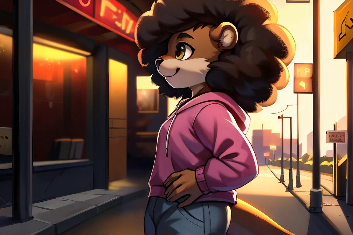 ((otter)), solo, nude, light brown fur, hazel eyes, ((fluffy hair)), short hair, black hair, complex fur patterns, slightly chunky, light pink hoodie, light grey pants, standing, happy, city background, skyscrapers, street, sidewalk, sunny, up close. Very good figure, best quality, highres, 16k, Natural soft light, Tyndall effect, Advanced film lighting, Unreal Engine5, Extremely realistic, A high resolution, perfect masterpiece, high quality, high resolution