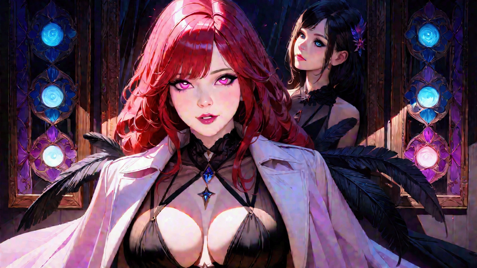 a beautiful red-haired witch, long black low-cut dress, black feathers on the dress shoulders, voluptuous bust, malevolent gaze, detailed face, fantasy portrait, hyper realistic, oil painting, dramatic moody lighting, dark fantasy, cinematic composition, dramatic shadows, glowing eyes, digital art, highly detailed, intricate, masterpiece, photorealistic, 8K