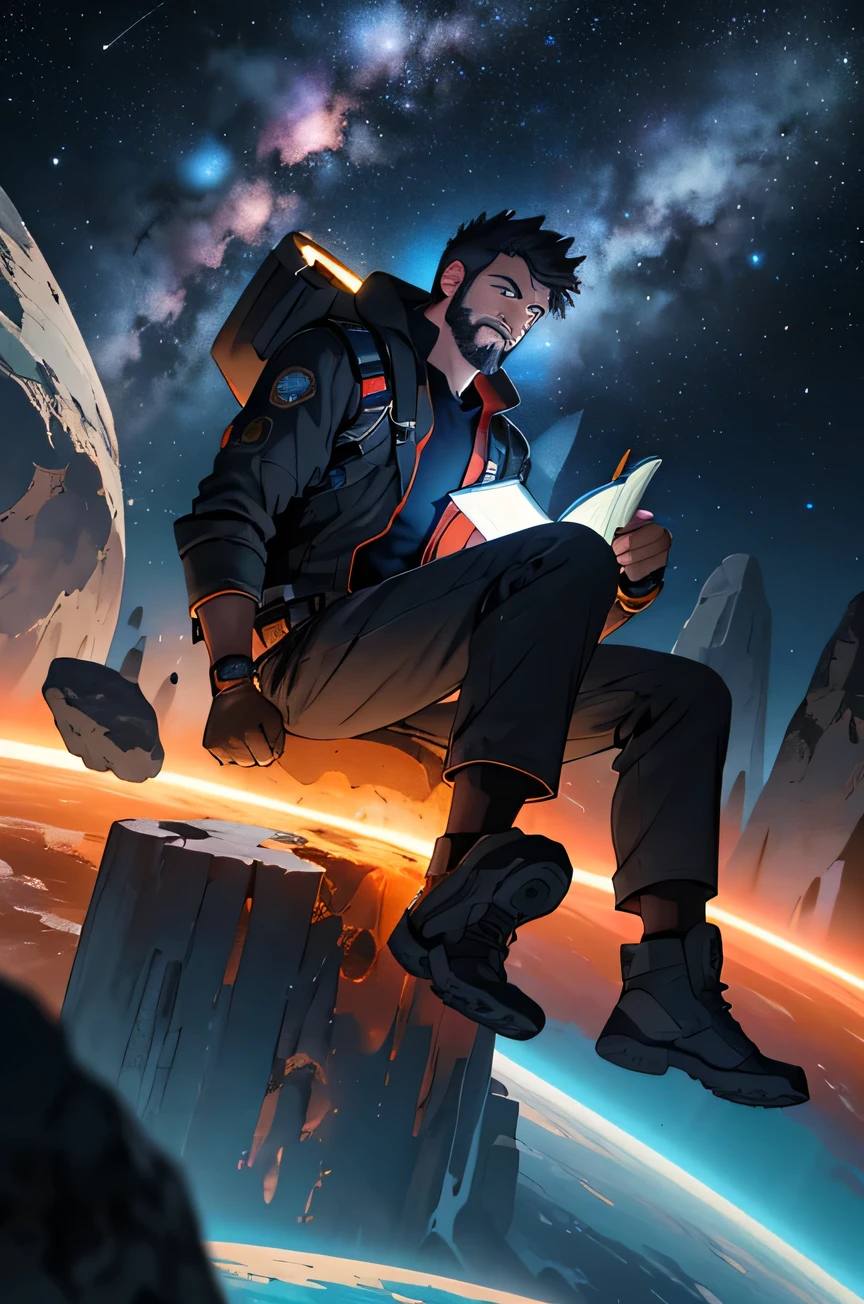 Draw a young programmer, sitting on a research platform floating in the middle of an asteroid belt. He is studying with a notebook, surrounded by several asteroids glowing with fiery auras. Dramatic lighting from distant stars and planets illuminates the scene, casting deep shadows on the suit. The young man looks confident and determined, looking at the vast and mysterious universe with wonder and respect,facial hair, cowboy shot,
