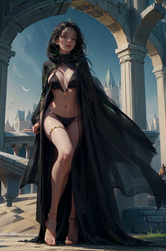 ((aeolian)), ung)) girl with a beautiful face and green eyes, Princess, full body view, wearing a black cloak, no underwear, very long black hair, fantasy castle landscape, perfect bare feet, bare groin