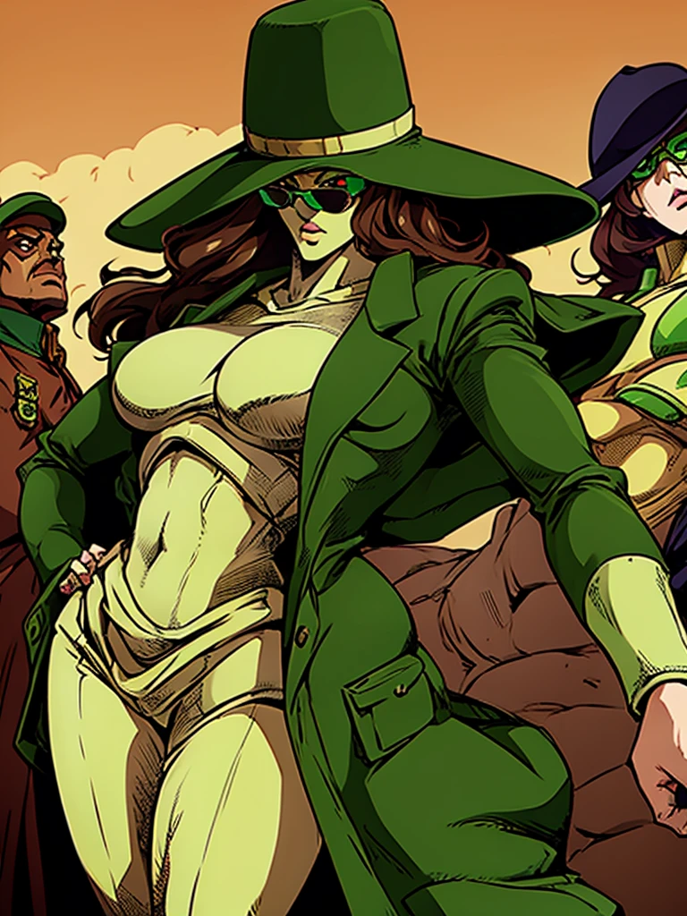 Green skin woman. Brown Hat. Brown Overcoat. Sunglasses. Dark green long hair. Jojo female stand. Green suit under overcoat