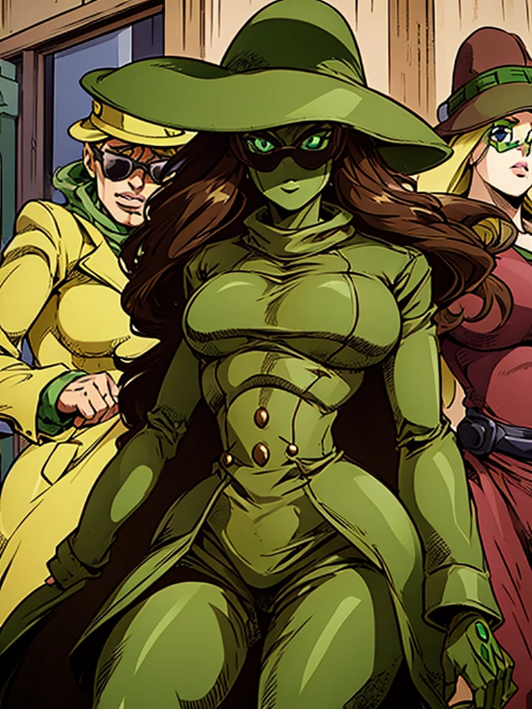 Green skin woman. Brown Hat. Brown Overcoat. Sunglasses. Dark green long hair. Jojo female stand. Green suit under overcoat