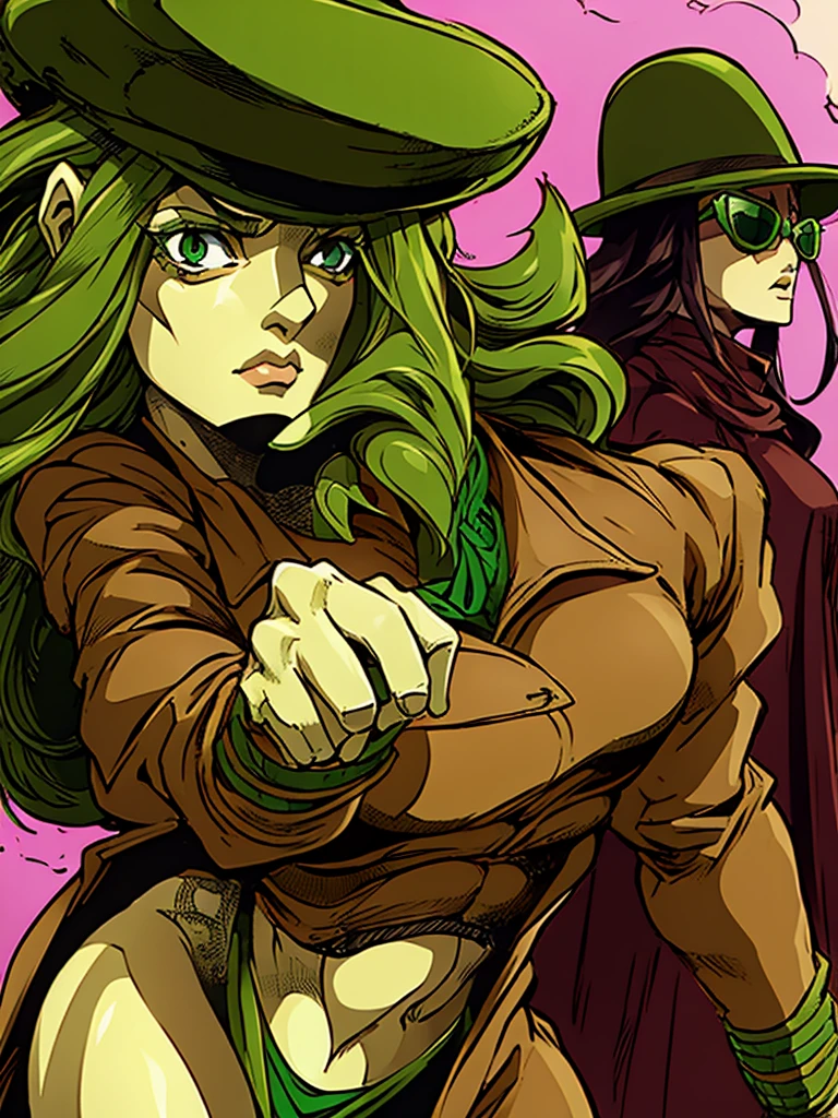 Green skin woman. Brown Hat. Brown Overcoat. Sunglasses. Dark green long hair. Jojo female stand. Green suit under overcoat