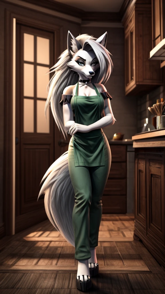 Loona from Helluva Boss, female wolf, white soft hair, grey eyes, mature adult, tall, wearing a green shirt, dark green pants, green apron, standing, solo, beautiful, high quality, 4K