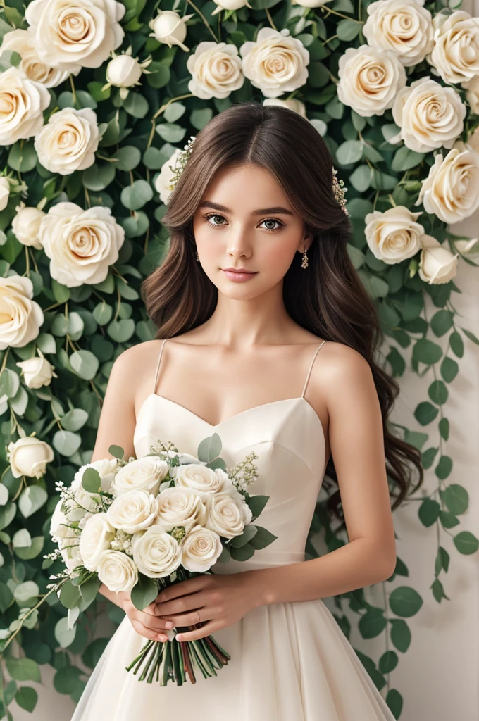 
Focus on A stunning portrait , elegant yet modern woman, blue top, cute brown hair, pretty eyes, close up, aesthetic, illustration, holding bouquet of  red 
roses  , with each rose  consisting of delicate red petals in soft tones. The stems are a soft green and are elegantly tied together with a light black ribbon that subtly mimics woven fabric. The artist has masterfully captured the portrait , , highlighting the individual florets with minute details. The background of the illustration is a pristine white, allowing the pastel hues of the bouquet to stand out gracefully and elegantly., illustration, painting, 3d render