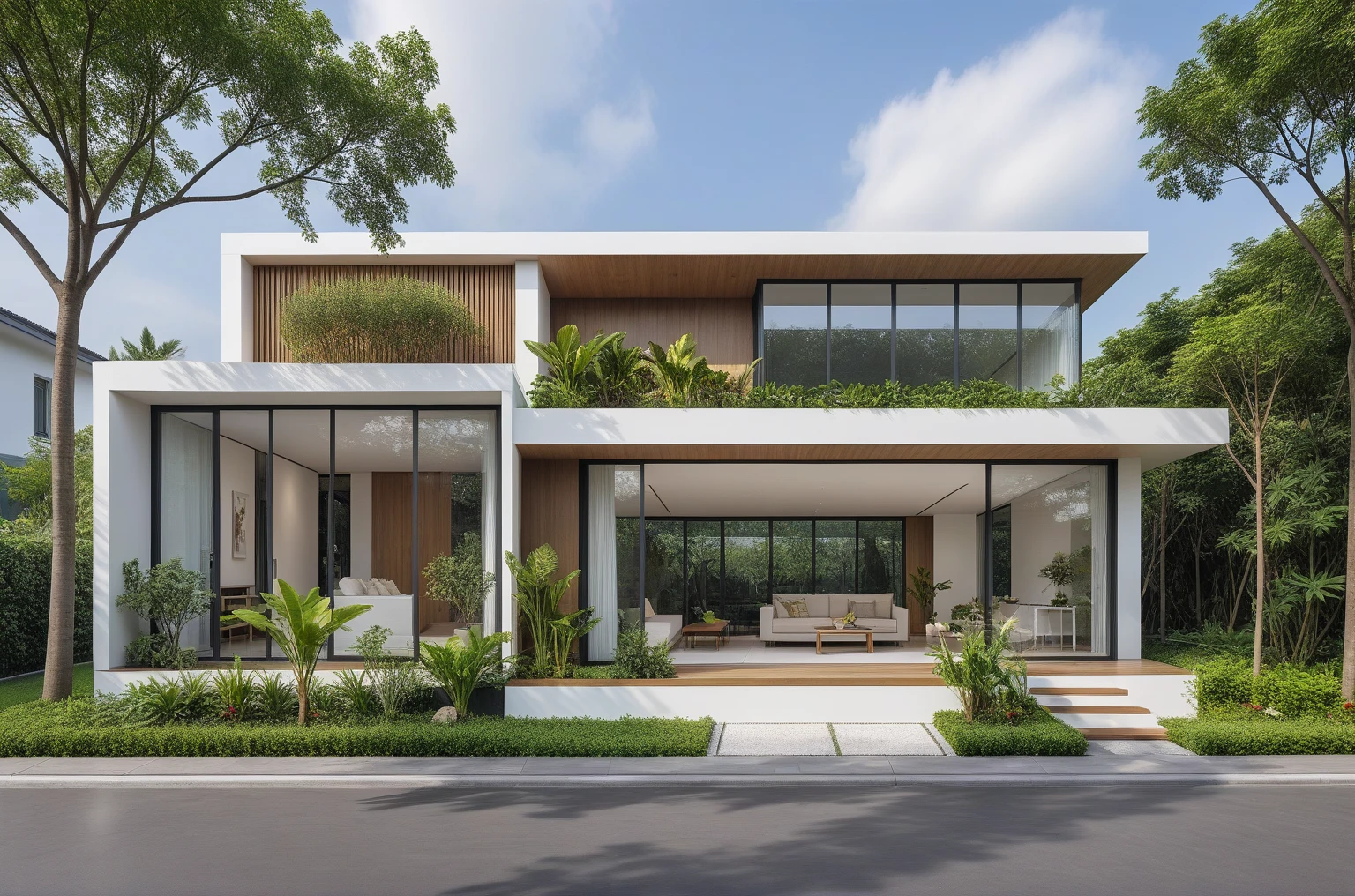 A hyper-realistic , a modern one-story house with a minimalist design, (very small house: 1.2) ,((with a facade less than 4 meters wide:1.2)), white and glass materials, wood, The house has a flat roof, large floor-to-ceiling glass windows, The garden includes various tropical plants and trees. (house as the showroom mini furniture:1.2), front view, elevation view