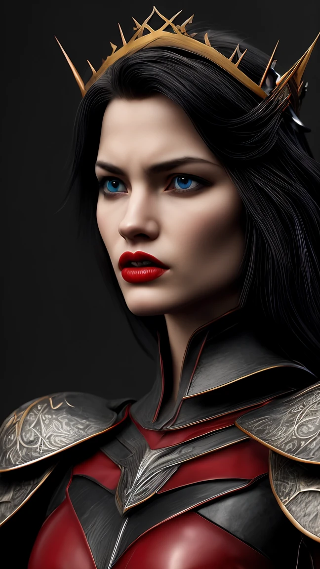 Masterpiece, high quality, super detailed, wallpaper, woman, full body, black armor , viewed from below, looking at the viewer, fit body, heels with black thorns, black and red short thorn crown, very short black hair, blue eyes, red lips, black eye makeup, black cape with black embroidery, angry look, stunning, in various poses, open hands, armored, detailed face, black background, small , no nude